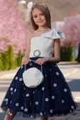 Kız Çocuk Tek Omuzlu Puantiye Detaylı Lacivert Abiye thumbnail 4