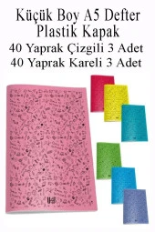 Defter Plastik Kapak A5 40 Yaprak Çizgili 3 Adet ve 40 Yaprak Kareli 3 Adet Küçük Boy Defter - 2