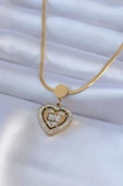 316L Çelik Gold Renk İtalyan Zincir Model Zirkon Taşlı Kalp Model Kadın Kolye - TJ-BKO7584 - 1