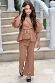 Kız Çocuk Fermuar ve Kemer Detaylı Kruvaze Yaka Bej Alt Üst Takım thumbnail 2