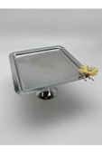 Ayaklı Kare Kelebekli Gümüş Kek, Kurabiye ve Pasta Sunum Tabağı, Servis Tepsisi - 5