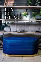 Lungo Long Line Mavi Puf- 90cm Gold Kaplama Kapitoneli Luxery Dekoratif Puf Koltuk - 1
