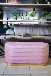 Lungo Long Line Pembe Puf- 90cm Gold Kaplama Kapitoneli Luxery Dekoratif Puf Koltuk - 1