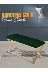 Varcera Gold Puf - Gold Kaplama Çapraz Metal Ayaklı Kapitoneli Model Bench Puf - 1