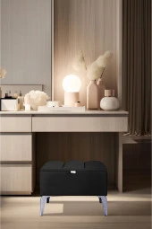 Vetra Mini Royal Siyah Kumaş Sandıklıpuf- Gümüş Ayak Dekoratif Bench Puf - 1
