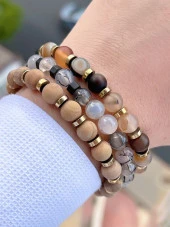 Doğal Taş 3 Adet Özel Kombin Kurvas Ve Ay Taşı Doğal Unisex Enerji Bilekliği BLKT.NS01 - 1