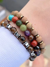 Doğal Taş 3 Adet Özel Kombin Kaplan Gözü-Çakra-Oniks Oluşumu Doğal Unisex Enerji Bilekliği BLKT.NS02 - 1