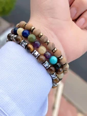 Doğal Taş 3 Adet Özel Kombin Kaplan Gözü-Çakra-Oniks Oluşumu Doğal Unisex Enerji Bilekliği BLKT.NS02 - 2