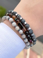 Doğal Taş 3 Adet Özel Kombin Kaplan Gözü-Kuvars-Lapis Oluşum Doğal Unisex Enerji Bilekliği BLKT.NS04 - 1