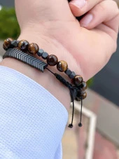 Doğal Taş 2 Adet Özel Kombin Kaplan Gözü Ve Karlı Obsidyen Taşı Doğal Unisex Bileklik BLKT.NS06 - 2