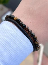 Doğal Taş 2 Adet Özel Kombin Kaplan Gözü Ve Karlı Obsidyen Taşı Doğal Unisex Bileklik BLKT.NS07 - 1