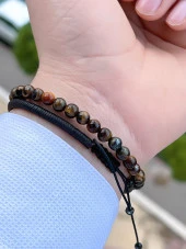 Doğal Taş 2 Adet Özel Kombin Kaplan Gözü Ve Karlı Obsidyen Taşı Doğal Unisex Bileklik BLKT.NS07 - 2