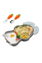 jojobebek Vakumlu Silikon Mama Tabağı, Silikon Saplı Metal Uçlu Çatal Ve Kaşık ( Tavşan Figürlü ) - 1