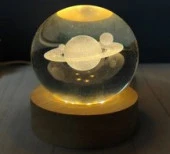 Dekoratif Satürn Tasarımlı Ahşap Altlıklı Işıklı Cam küre Cam:6cm Ahşap:2cm - 1