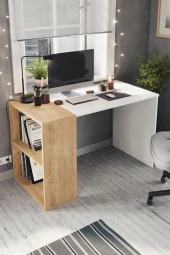 Bofigo 60x120 cm Smyrna Çalışma Masası Kitaplıklı Ofis Masası Bilgisayar Masası Safir Meşe Beyaz - 3