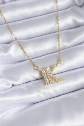 316L Çelik Gold Renk K Harf Model Zirkon Taşlı Kadın Kolye - TJ-BKO7712 - 1