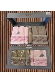 Minteks Silver Pamira Bej-Pembe 6 Parça Havlulu Bornoz Seti - Aile Banyo Havlu Bornoz Seti - 4