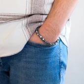 316L Erkek Çelik Bileklik Gri Hematit Taşlı Spor Zincir Bileklik EBLK-456 thumbnail 2