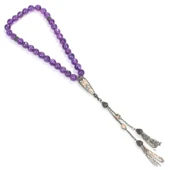 925 Ayar Gümüş Gerçek 0,8 cm Fasetli Ametist Taşlı Küre Kesim Tasarım Tesbih thumbnail 1