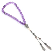 925 Ayar Gümüş Gerçek Ametist Taşlı Küre Kesim Tasarım Tesbih thumbnail 1