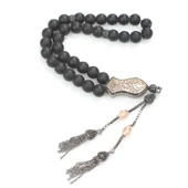 925 Ayar Gümüş Gerçek Lav Taşlı Küre Kesim Tasarım Tesbih thumbnail 1