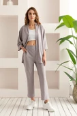 Kadın Kimono Takım - Geniş Paça Keten Dokulu Alt Üst Yazlık Kadın Takım thumbnail 4