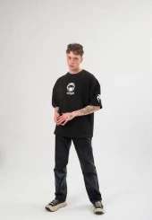 Unisex Bisiklet Yaka Baskılı Oversize T-Shirt - Siyah thumbnail 1