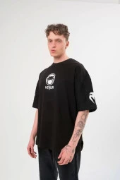 Unisex Bisiklet Yaka Baskılı Oversize T-Shirt - Siyah thumbnail 2