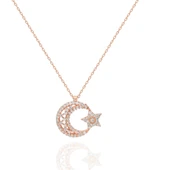 Taşlı Altın Renk Türk Bayrağı Bayan Gümüş Kolye - 6