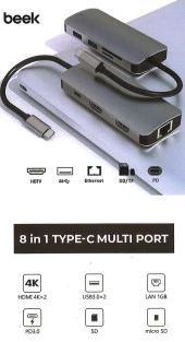 BEEK BA-DCK-UC08DH 8'li USB Type-C DOCKING STATION (Çıkış:Tip-C=>2*HDMI+Tip-A+Tip-C+RJ45+SD+M.SD+TF) thumbnail 3