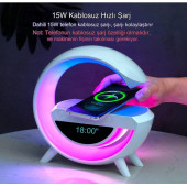Taşınabilir Kablosuz Hoparlör - G Şekli RGBLİ Işıklı Saatli Temazsız Şarj Standlı Gece Lambası - 1