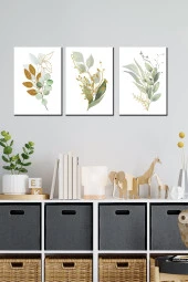 GİZEM SHOP Yeşil Çiçekler Art 3 Parça Modern Duvar Tablosu Yüksek Çözünürlük Uv Baskı Tekniği 40x30 - 5