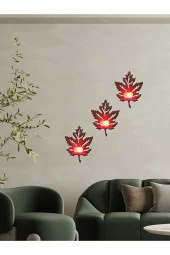 GİZEM SHOP 3'lü Ahşap Duvar Süsü Rafı Yaprak Mumluk Duvar Dekoru Aplik Tablo Obje - 8