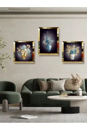 YALOVA SHOP Dekoratif Suluboya Vazolu Çiçek Çalışması,3 lü Tablo Seti (Pleksi Çerçeve Seçenekli) thumbnail 1