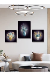 YALOVA SHOP Dekoratif Suluboya Vazolu Çiçek Çalışması,3 lü Tablo Seti (Pleksi Çerçeve Seçenekli) - 2