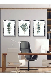 YALOVA SHOP Modern Sanatsal Dijital UV Baskı Gümüş Ayna Pleksi Çerçeveli 3'lü Yeşil Çiçek Tablo Seti thumbnail 2
