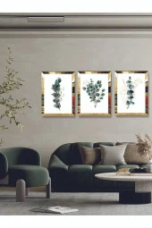 YALOVA SHOP Modern Sanatsal Dijital UV Baskı Gold Ayna Pleksi Çerçeveli 3'lü Yeşil Çiçek Tablo Seti - 2