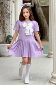 Kız Çocuk Göğsü Fiyonk Detaylı Eteği Pliseli Lila Elbise thumbnail 6