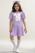 Kız Çocuk Göğsü Fiyonk Detaylı Eteği Pliseli Lila Elbise thumbnail 1