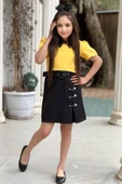 Kız Çocuk Yırtmaç ve Önü Çengel Detaylı Etek Gömlek Yaka Kısa Kollu Sarı Tişört Etekli Takım thumbnail 5