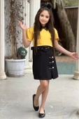 Kız Çocuk Yırtmaç ve Önü Çengel Detaylı Etek Gömlek Yaka Kısa Kollu Sarı Tişört Etekli Takım thumbnail 4
