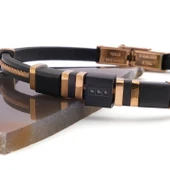 Altın Kaplama Deri Siyah Erkek Bileklik EBLK-336 thumbnail 4