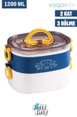 Vagonlife 1200 ML İki Kat Üç Bölme Paslanmaz Çelik Bento Lunch Box Yeni Nesil Sefer Tası-ÇatallıKaşık-FFLBOX50251 - 2