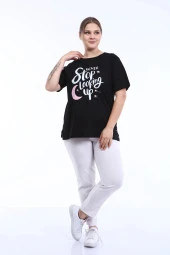 Kadın Büyük Beden Baskılı Yarım Kol T-shirt Siyah PLWM21TS011 - 3