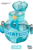 Vagonlife Pipetli 720 ML Boyun Askılı Çocuk Su Matarası -Cat Fashion-FFVGN2031-720ML - 3