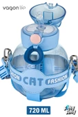Vagonlife Pipetli 720 ML Boyun Askılı Çocuk Su Matarası -Cat Fashion-FFVGN2031-720ML - 9
