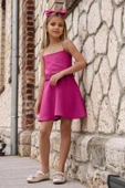 Kız Çocuk Omuzu Zincir Askılı Kemer Detaylı Fuşya Elbise thumbnail 2