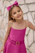 Kız Çocuk Omuzu Zincir Askılı Kemer Detaylı Fuşya Elbise thumbnail 4