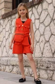 Kız Çocuk Düğme ve Cep Detaylı Kolsuz Yelek Penye Bluz Turuncu Şortlu Takım thumbnail 2