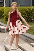 Kız Çocuk Tek Omuz ve Göğsü Fırfır Detaylı Eteği Pauntiyeli Bordo Elbise thumbnail 2